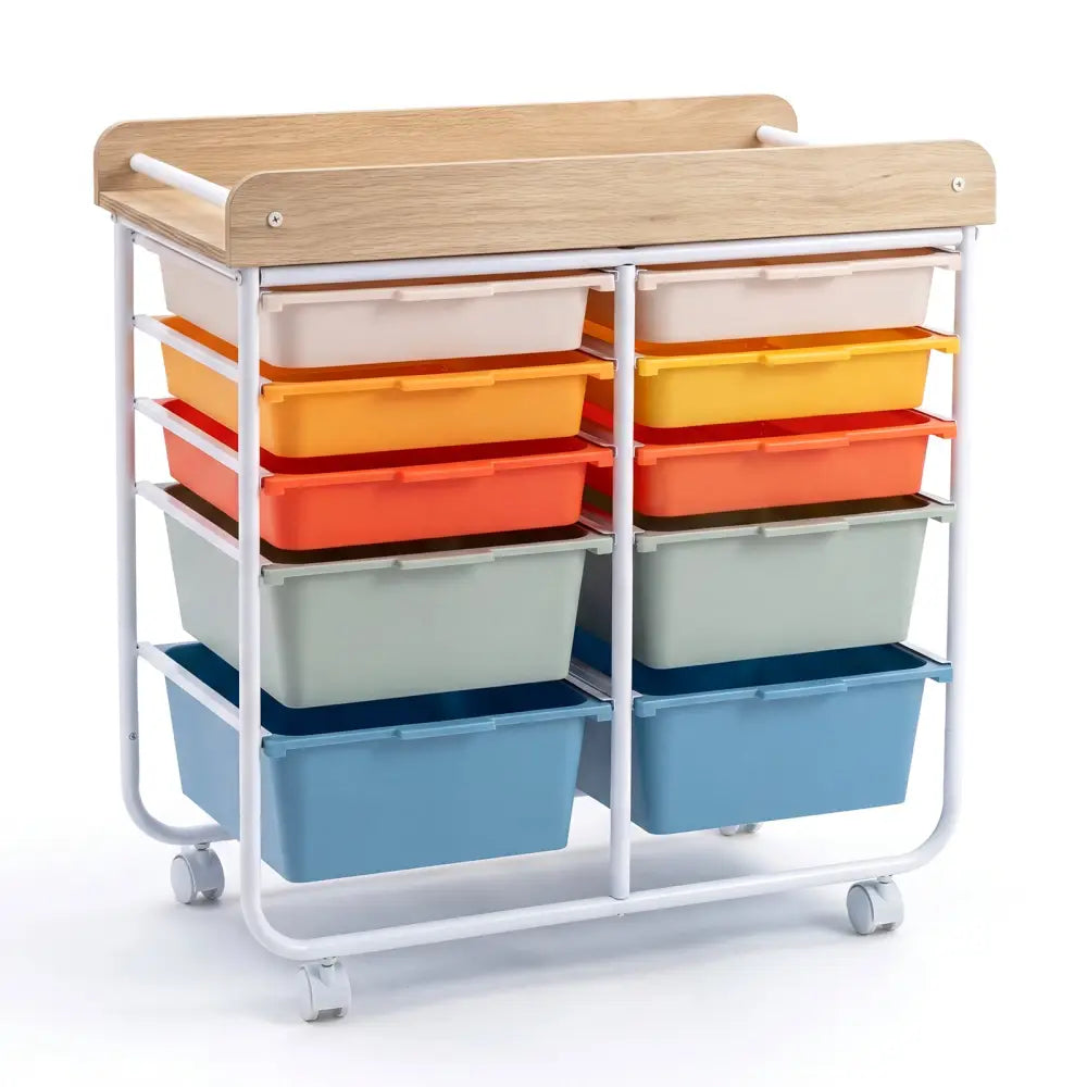 10-Drawer Rolling Cart with Wooden Tabletop and Lockable Wheels for Office-Macaron - Macaron - File Cabinets