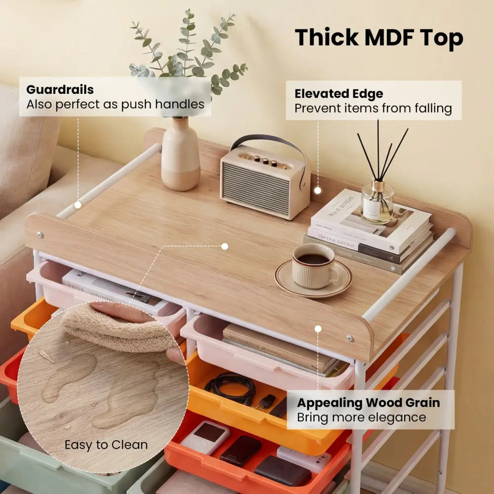 10-Drawer Rolling Cart with Wooden Tabletop and Lockable Wheels for Office-Macaron - Macaron - File Cabinets