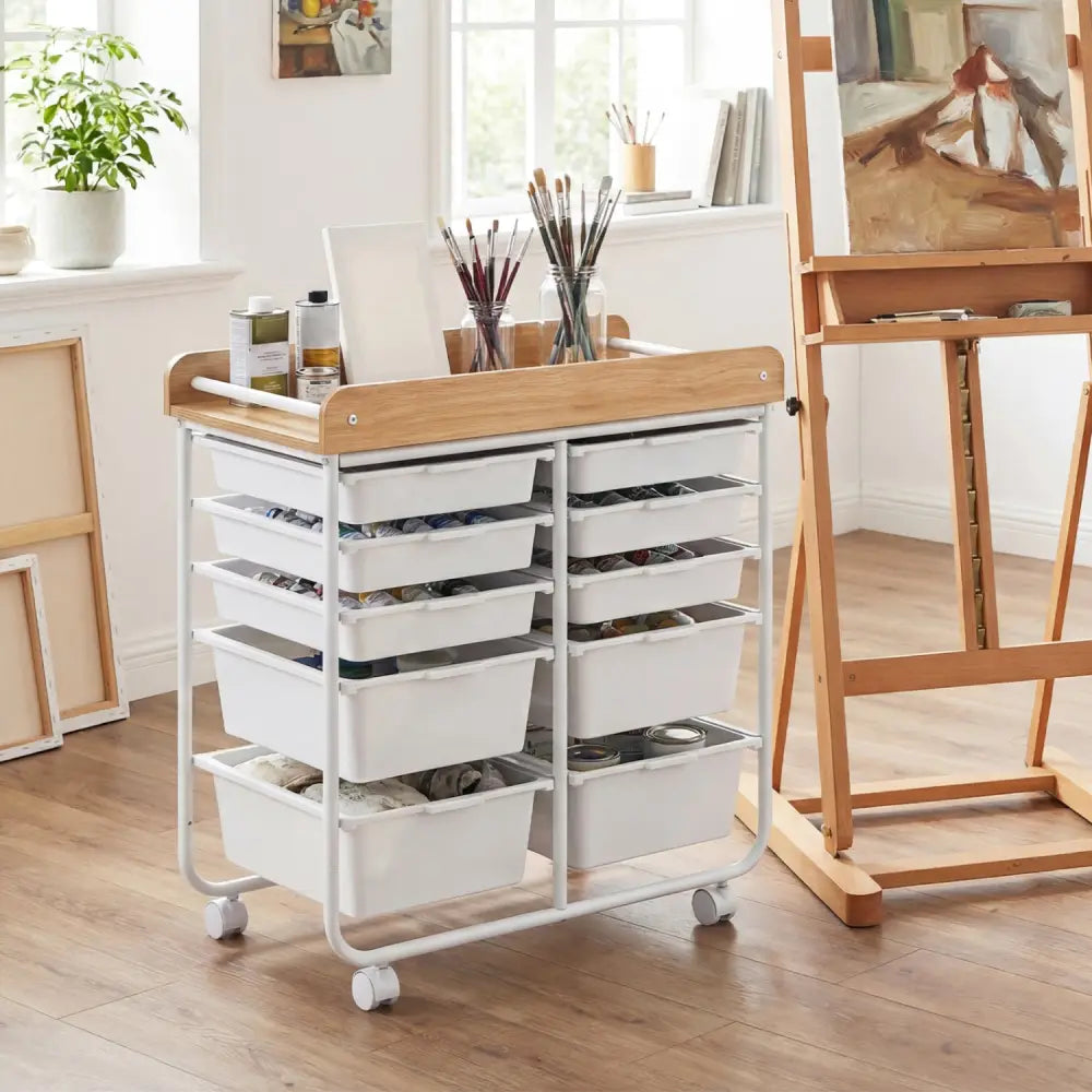 10-Drawer Rolling Cart with Wooden Tabletop and Lockable Wheels for Office-White - White - File Cabinets