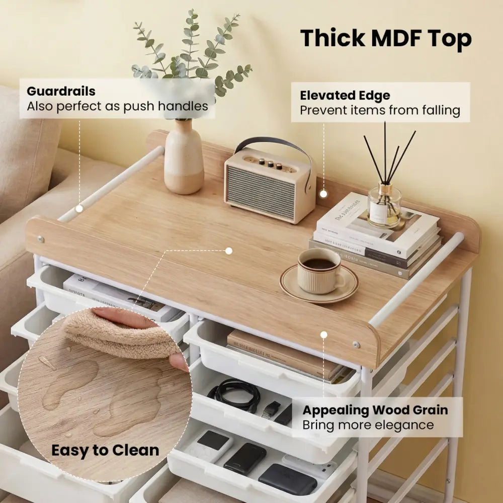 10-Drawer Rolling Cart with Wooden Tabletop and Lockable Wheels for Office-White - White - File Cabinets
