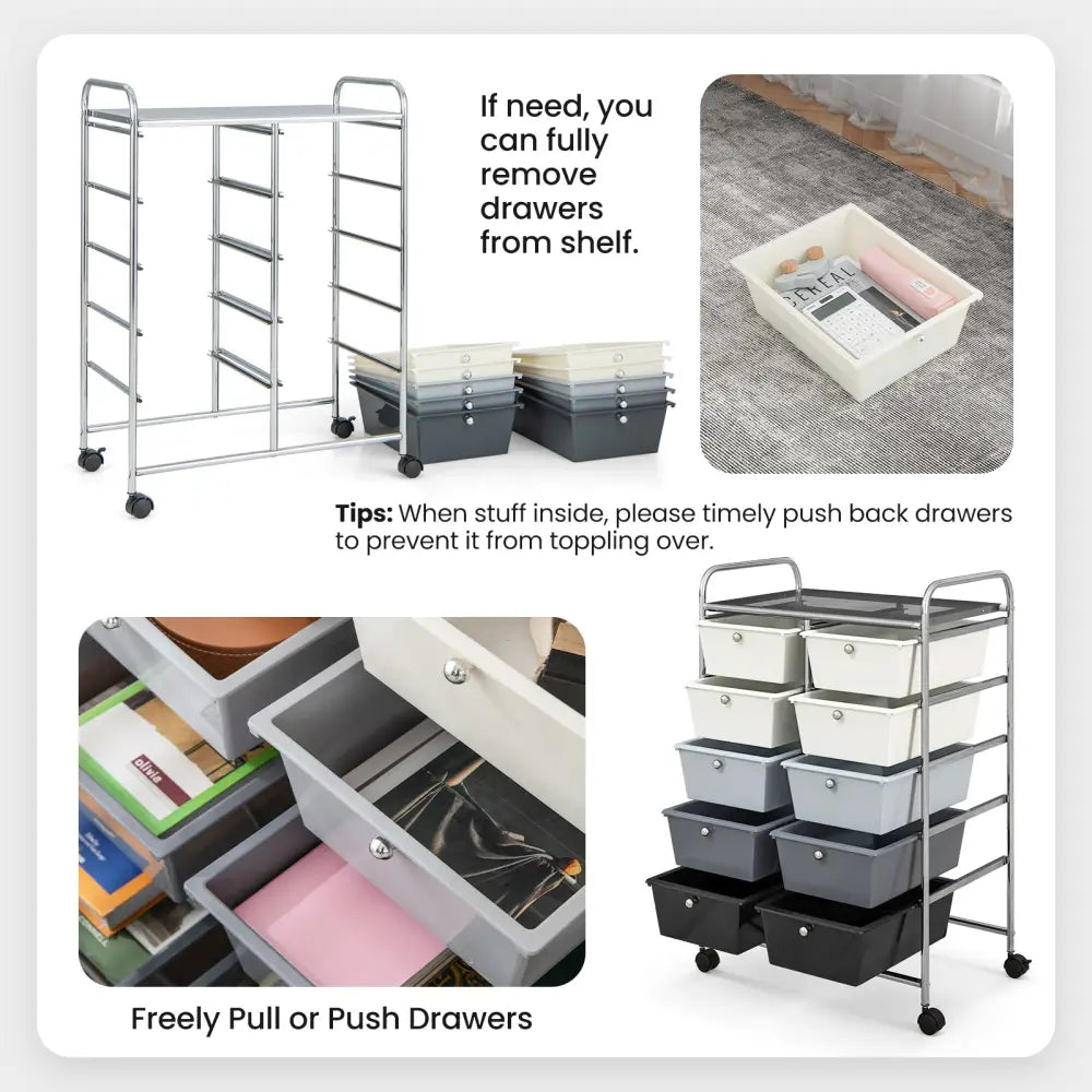 10-Drawer Rolling Storage Cart-Beige & Gray - Beige & Gray - File Cabinets