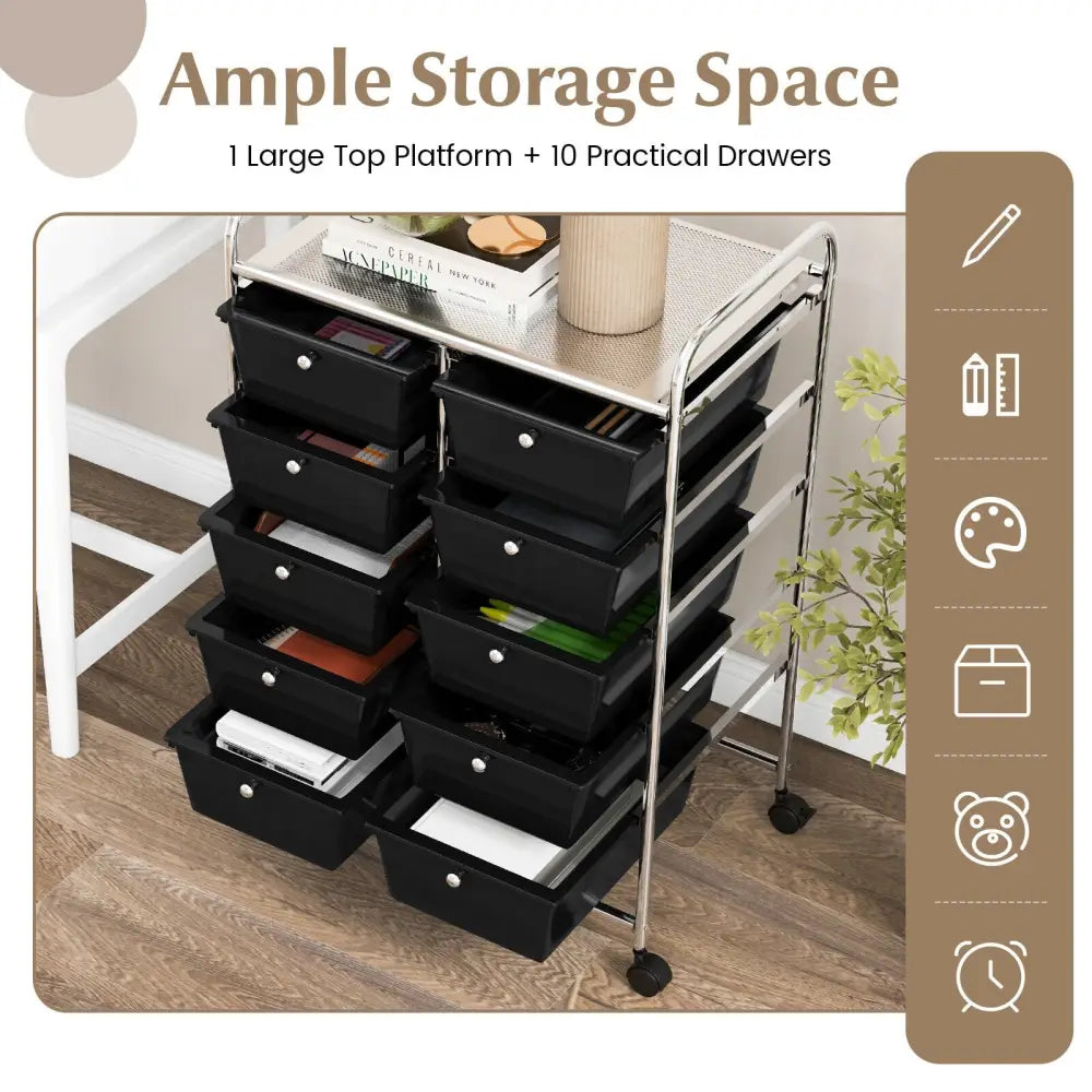10-Drawer Rolling Storage Cart-Black - Black - File Cabinets