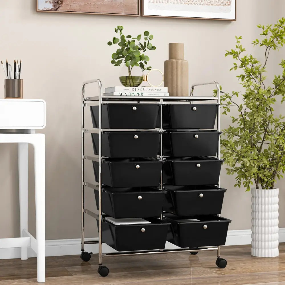 10-Drawer Rolling Storage Cart-Black - Black - File Cabinets