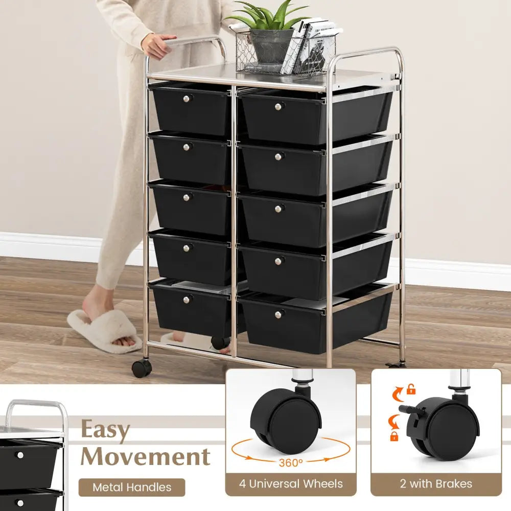 10-Drawer Rolling Storage Cart-Black - Black - File Cabinets