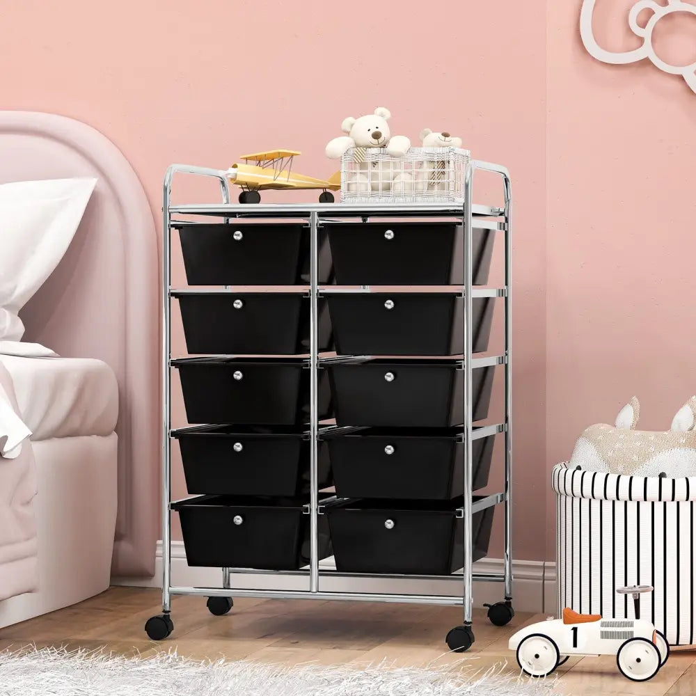 10-Drawer Rolling Storage Cart-Black - Black - File Cabinets