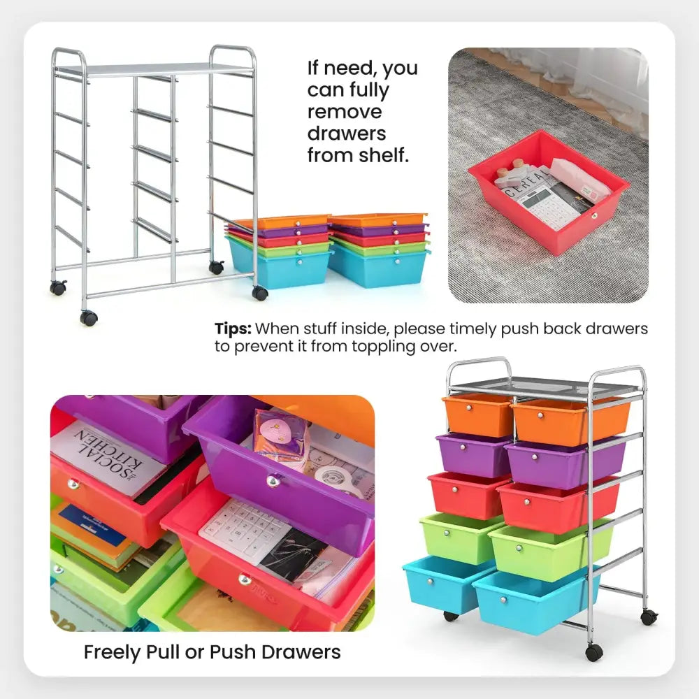 10-Drawer Rolling Storage Cart-Deep Multicolor Costway