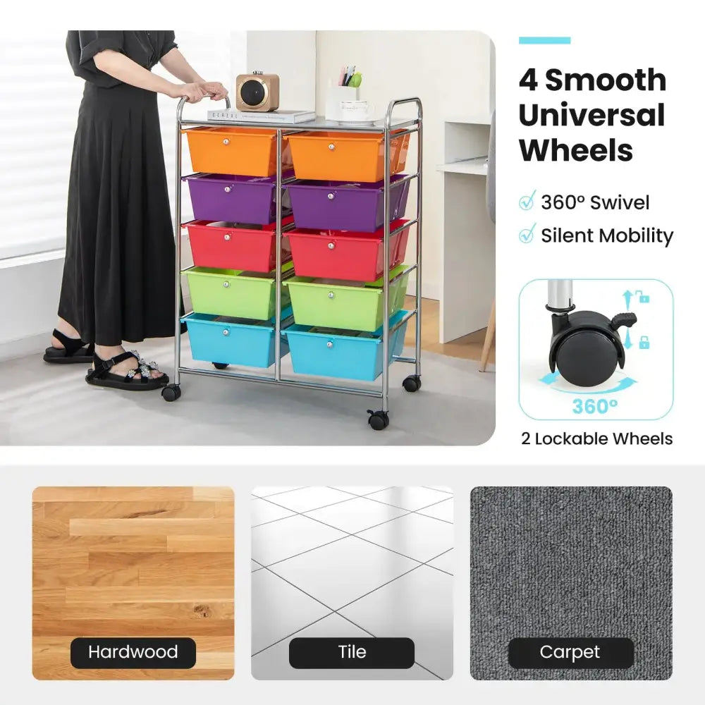 10-Drawer Rolling Storage Cart-Deep Multicolor Costway