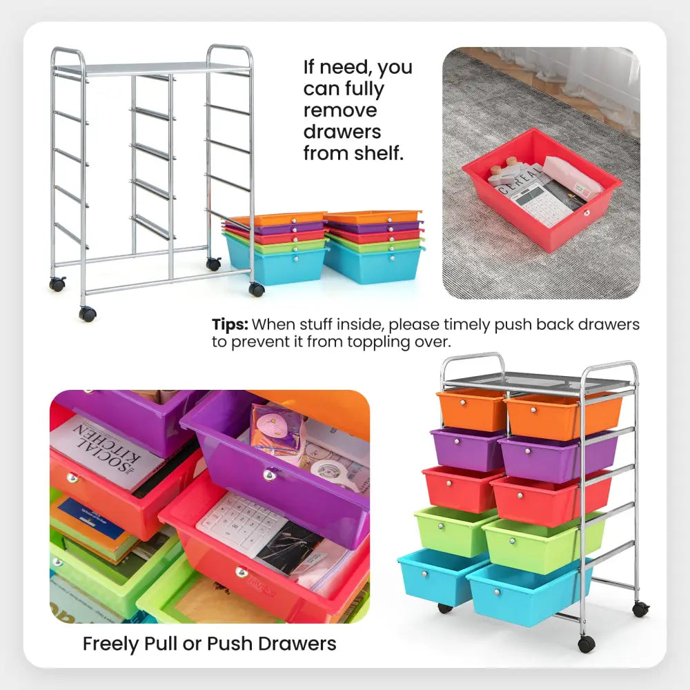 10-Drawer Rolling Storage Cart-Deep Multicolor - Deep Multicolor - File Cabinets