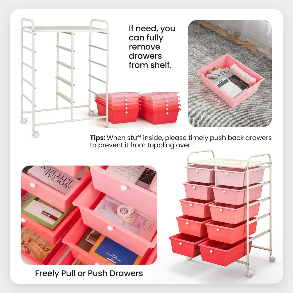 10-Drawer Rolling Storage Cart-Gradient Pink - Gradient Pink - File Cabinets