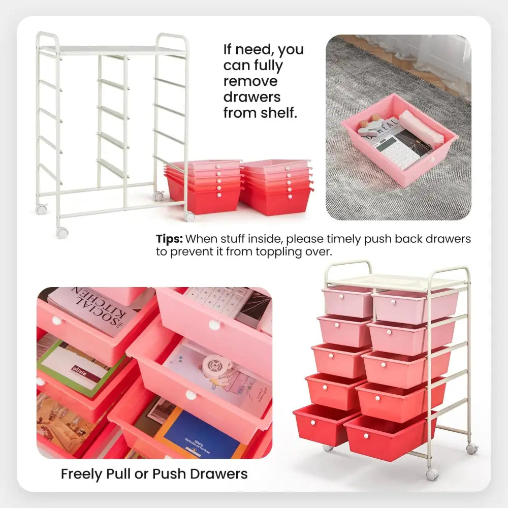 10-Drawer Rolling Storage Cart-Gradient Pink Costway