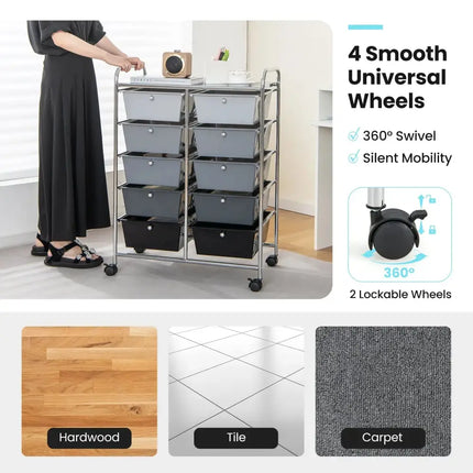 10-Drawer Rolling Storage Cart-Gray Costway
