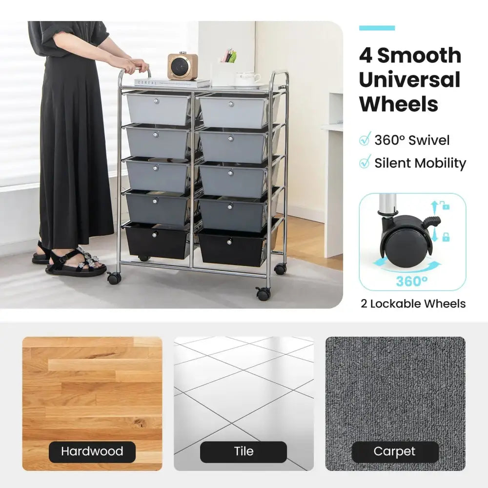 10-Drawer Rolling Storage Cart-Gray Costway