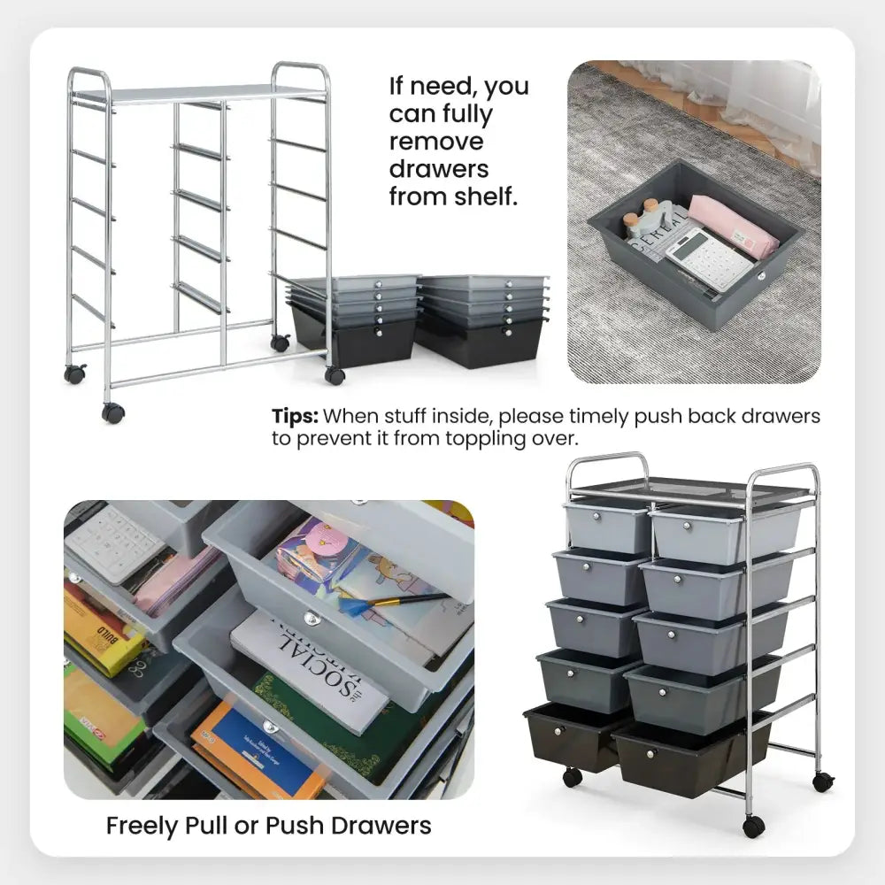 10-Drawer Rolling Storage Cart-Gray Costway