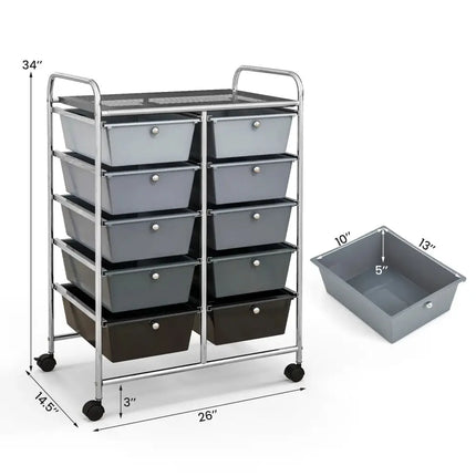 10-Drawer Rolling Storage Cart-Gray Costway