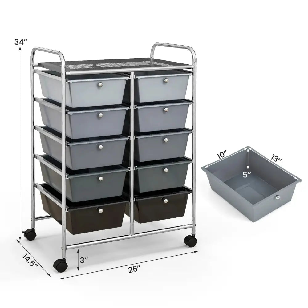 10-Drawer Rolling Storage Cart-Gray Costway