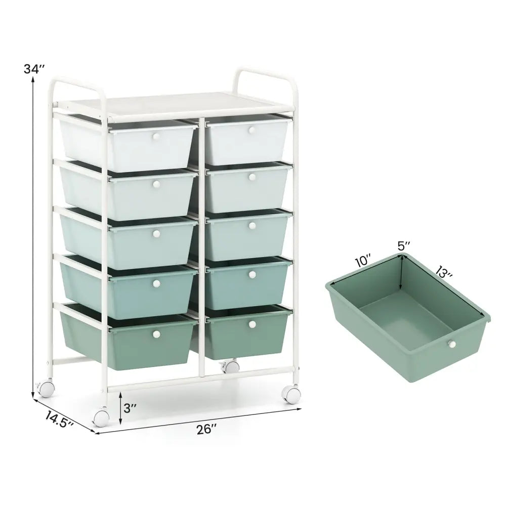 10-Drawer Rolling Storage Cart-Light Green - Light Green - File Cabinets