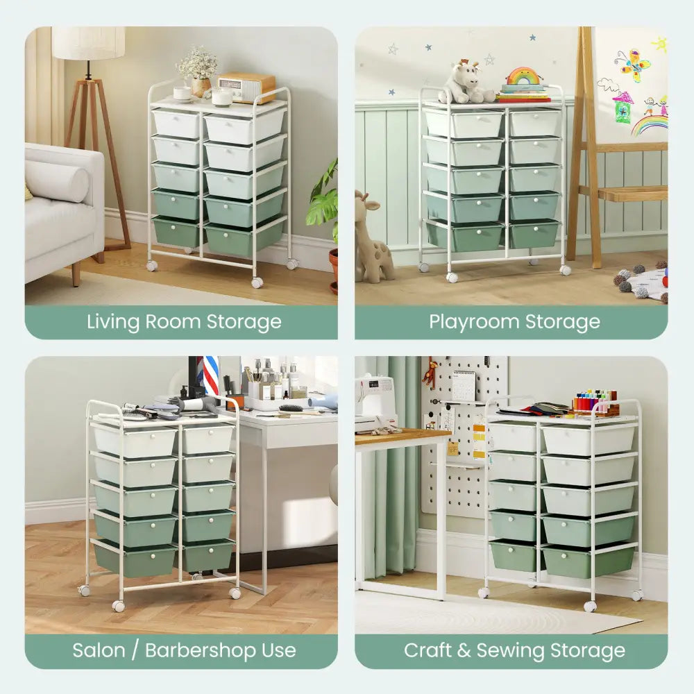 10-Drawer Rolling Storage Cart-Light Green - Light Green - File Cabinets