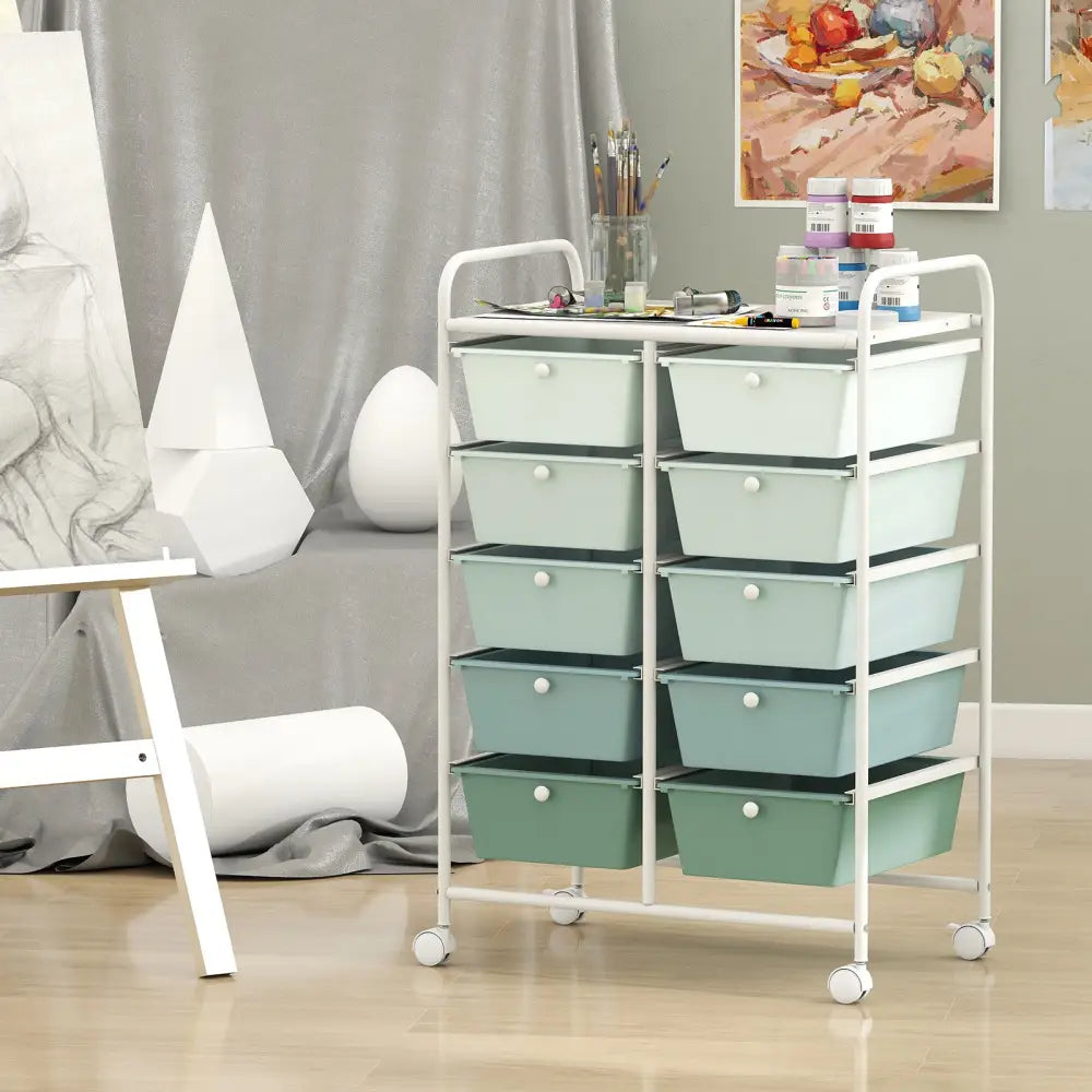 10-Drawer Rolling Storage Cart-Light Green - Light Green - File Cabinets