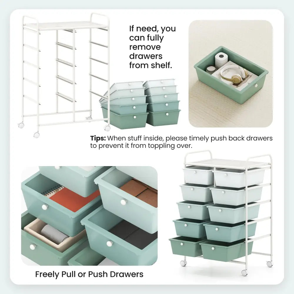 10-Drawer Rolling Storage Cart-Light Green - Light Green - File Cabinets