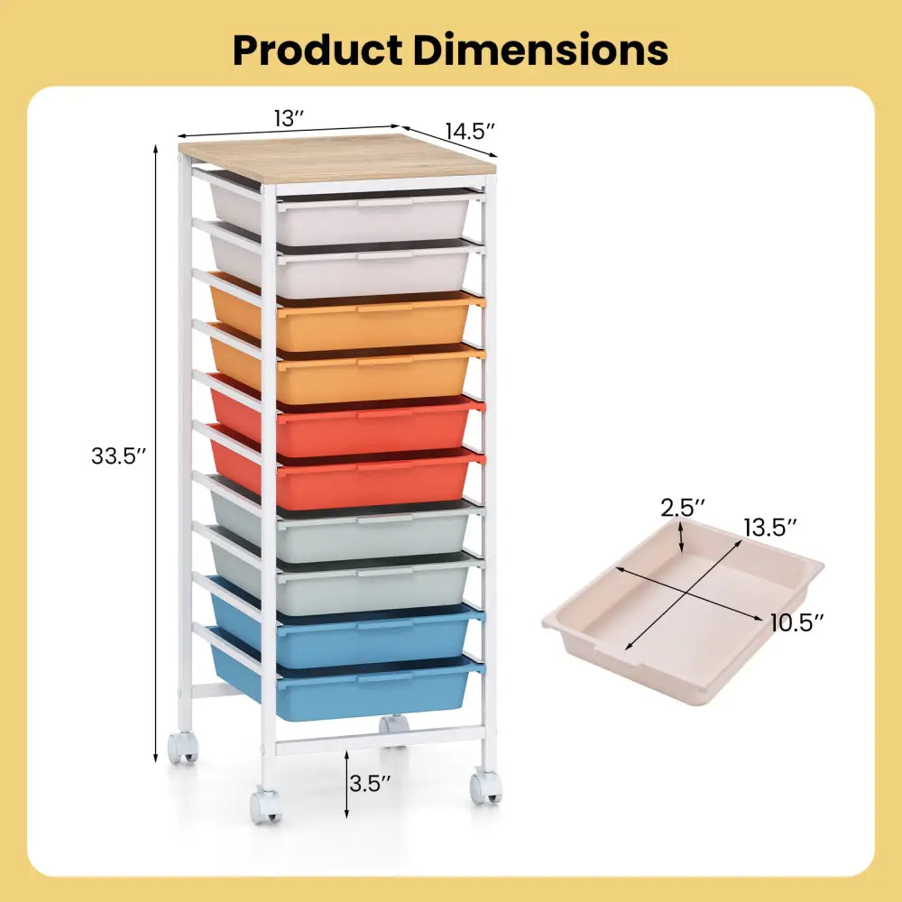 10-Drawer Rolling Storage Cart Mobile Utility Organizer with Wooden Tabletop and Lockable Wheels-Macaron - Macaron