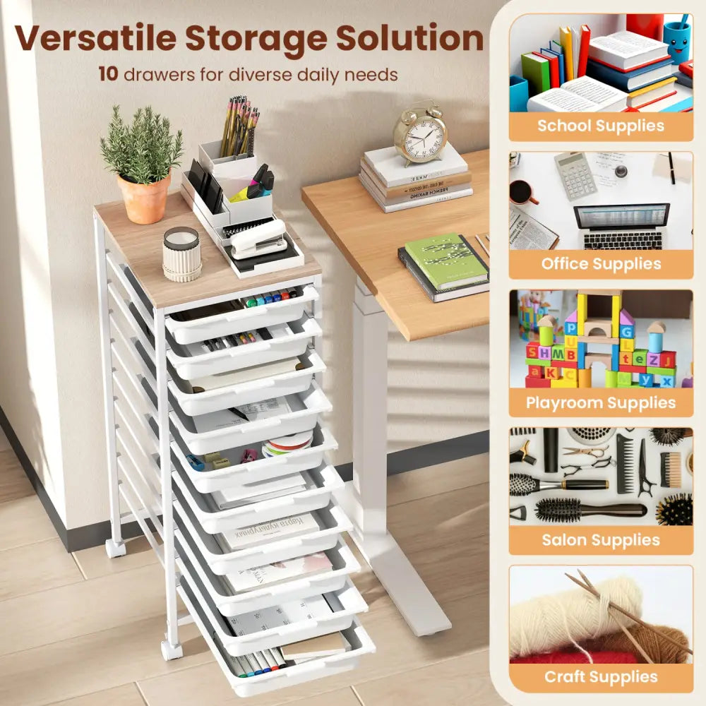 10-Drawer Rolling Storage Cart Mobile Utility Organizer with Wooden Tabletop and Lockable Wheels-White - White - File