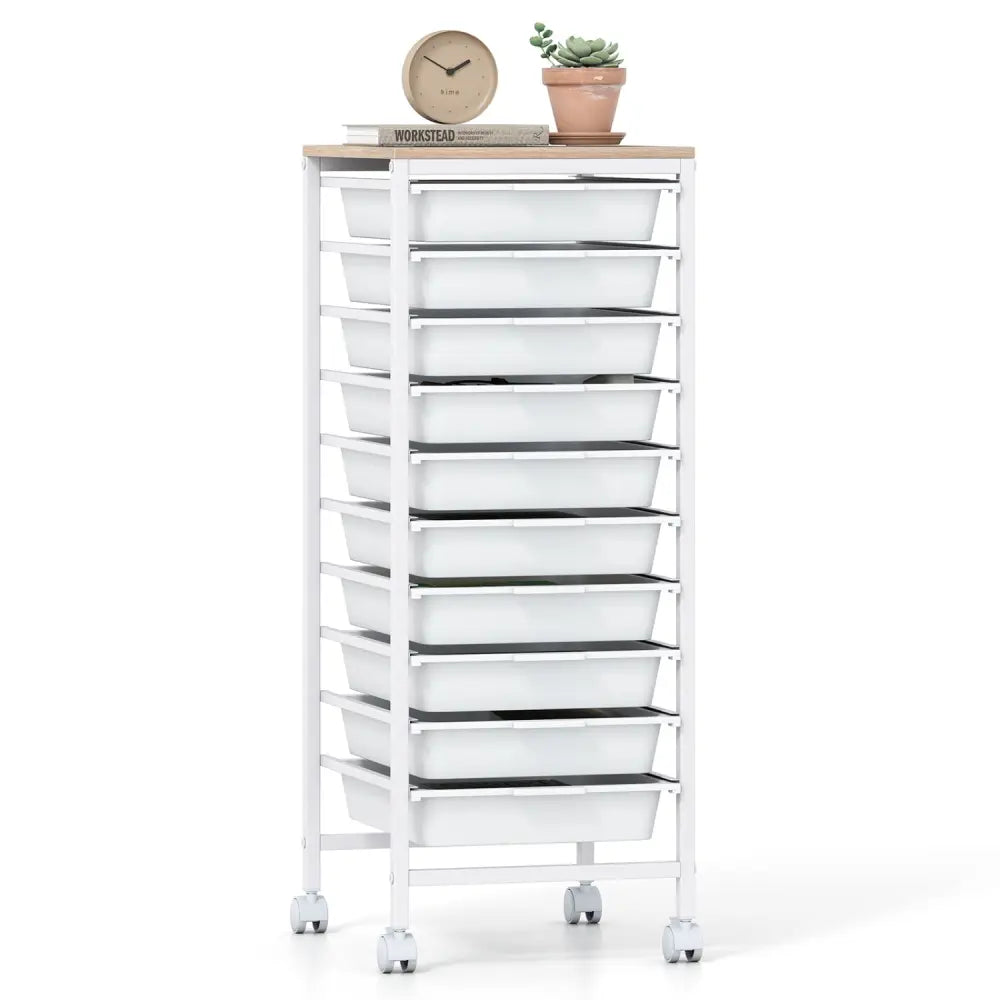 10-Drawer Rolling Storage Cart Mobile Utility Organizer with Wooden Tabletop and Lockable Wheels-White - White - File