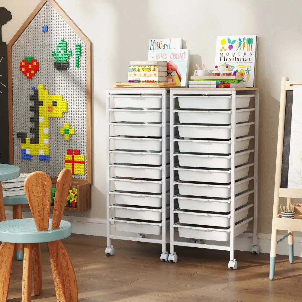 10-Drawer Rolling Storage Cart Mobile Utility Organizer with Wooden Tabletop and Lockable Wheels-White - White - File