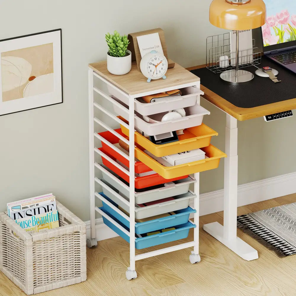 10-Drawer Rolling Storage Cart Mobile Utility Organizer with Wooden Tabletop and Lockable Wheels-Macaron - Macaron