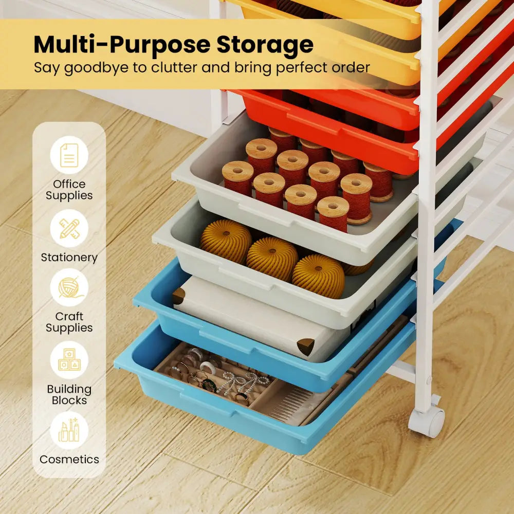 10-Drawer Rolling Storage Cart Mobile Utility Organizer with Wooden Tabletop and Lockable Wheels-Macaron - Macaron