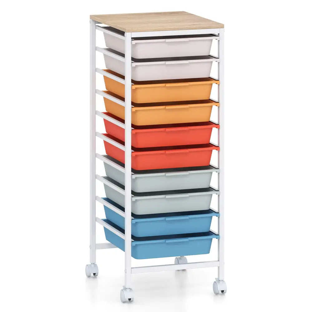 10-Drawer Rolling Storage Cart Mobile Utility Organizer with Wooden Tabletop and Lockable Wheels-Macaron - Macaron