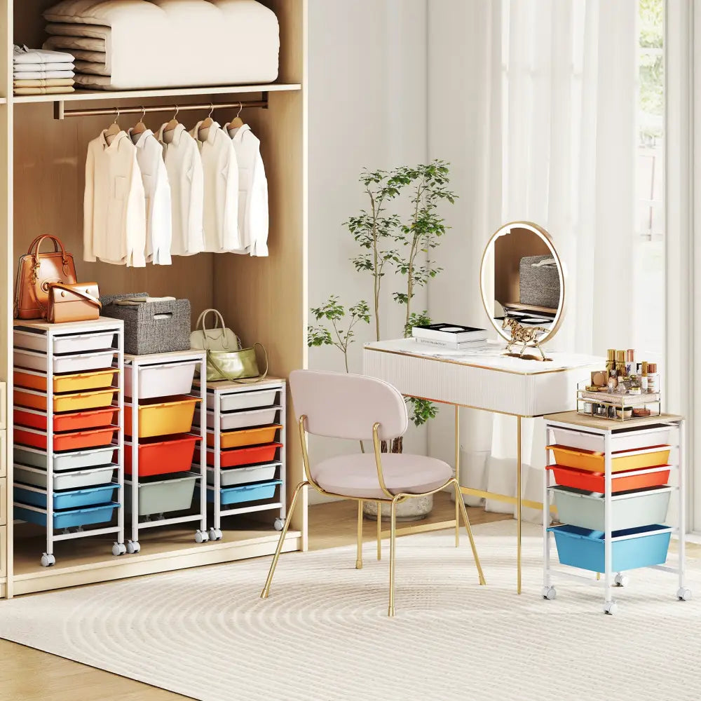 10-Drawer Rolling Storage Cart Mobile Utility Organizer with Wooden Tabletop and Lockable Wheels-Macaron - Macaron