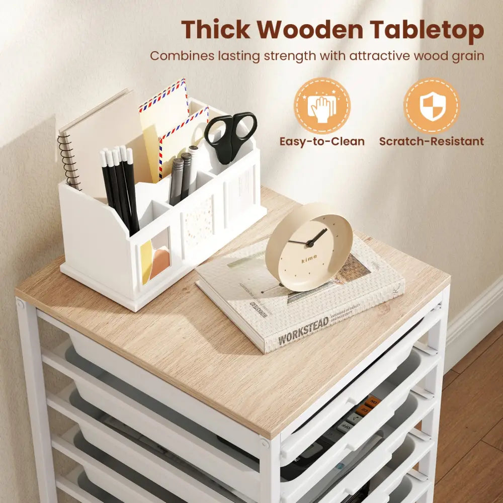 10-Drawer Rolling Storage Cart Mobile Utility Organizer with Wooden Tabletop and Lockable Wheels-White - White - File