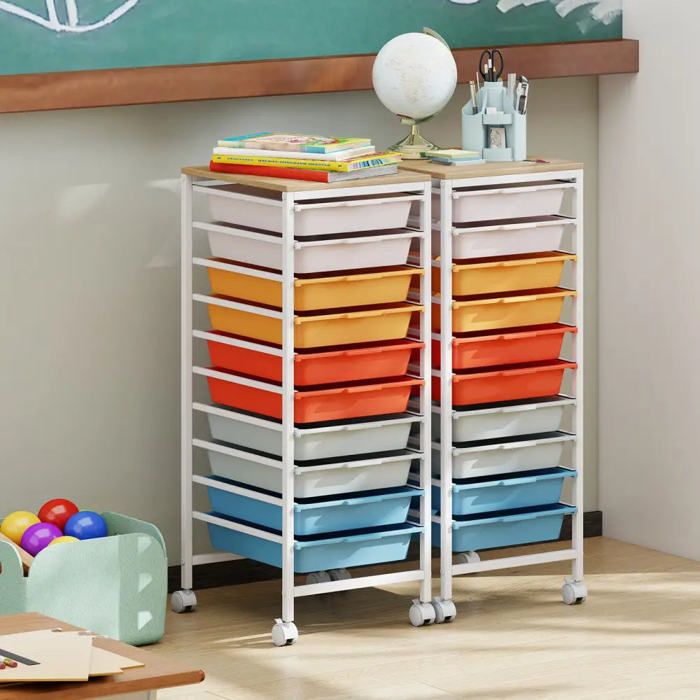 10-Drawer Rolling Storage Cart Mobile Utility Organizer with Wooden Tabletop and Lockable Wheels-Macaron - Macaron