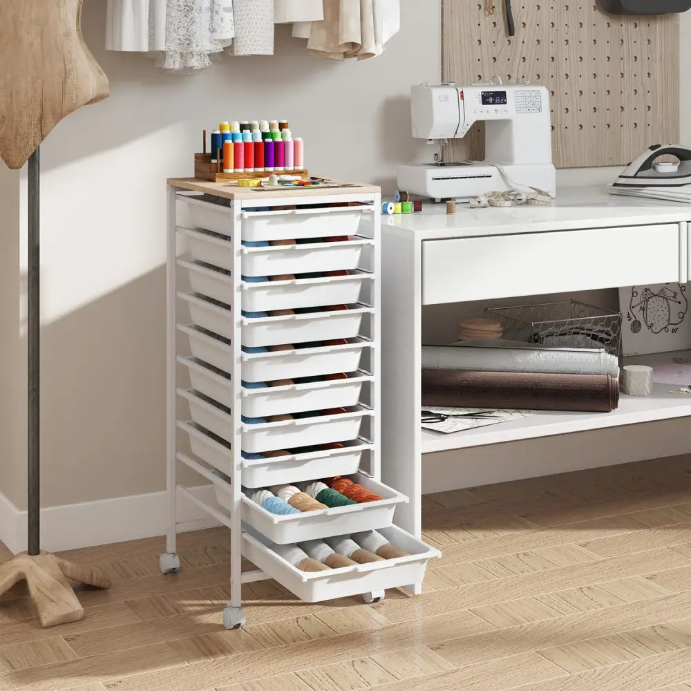 10-Drawer Rolling Storage Cart Mobile Utility Organizer with Wooden Tabletop and Lockable Wheels-White - White - File