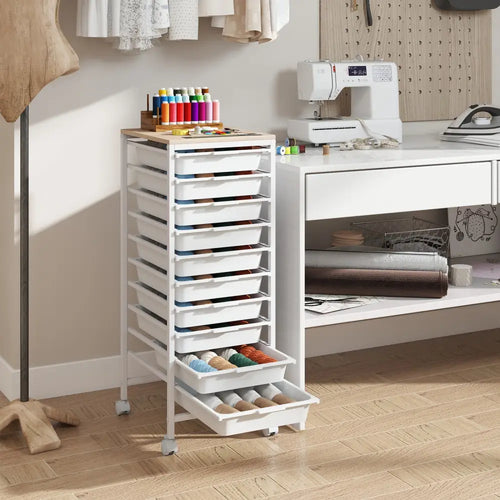 10-Drawer Rolling Storage Cart Mobile Utility Organizer with Wooden Tabletop and Lockable Wheels-White - White - File