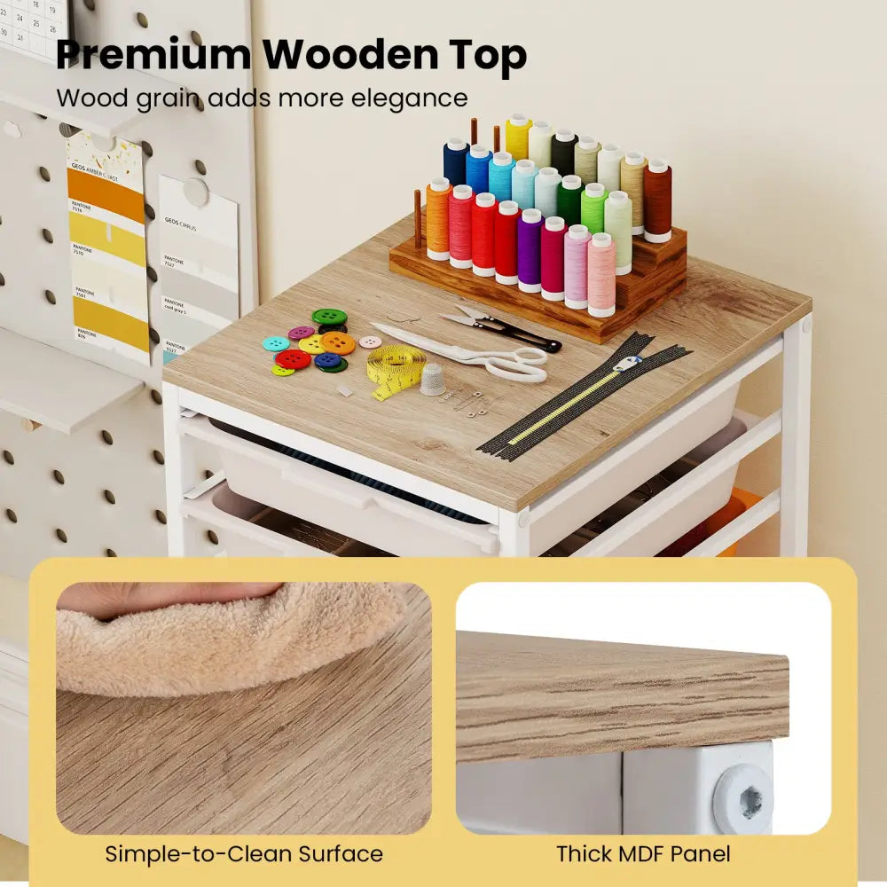 10-Drawer Rolling Storage Cart Mobile Utility Organizer with Wooden Tabletop and Lockable Wheels-Macaron - Macaron