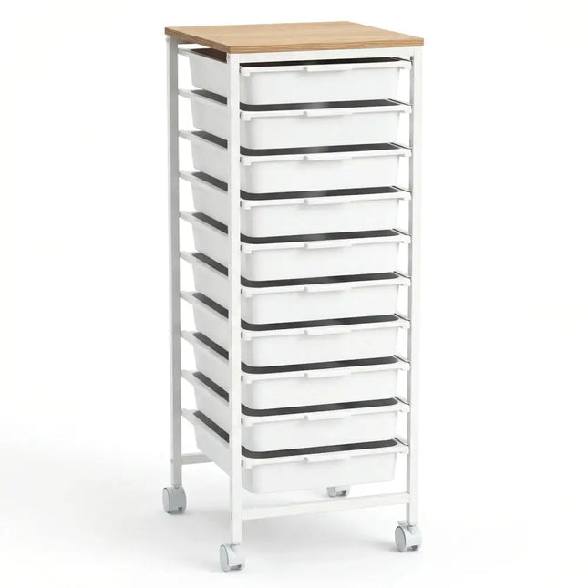10-Drawer Rolling Storage Cart Mobile Utility Organizer with Wooden Tabletop and Lockable Wheels-White Costway