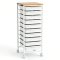 10-Drawer Rolling Storage Cart Mobile Utility Organizer with Wooden Tabletop and Lockable Wheels-White Costway