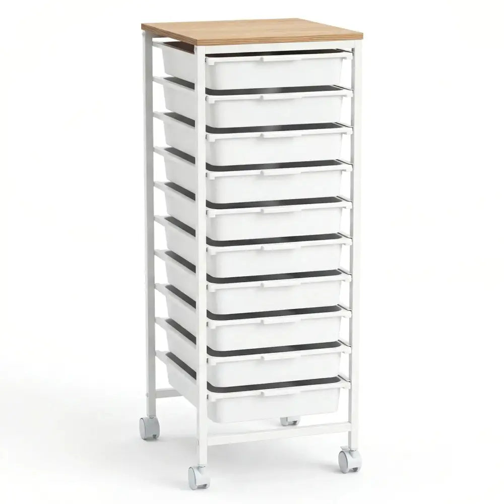10-Drawer Rolling Storage Cart Mobile Utility Organizer with Wooden Tabletop and Lockable Wheels-White Costway