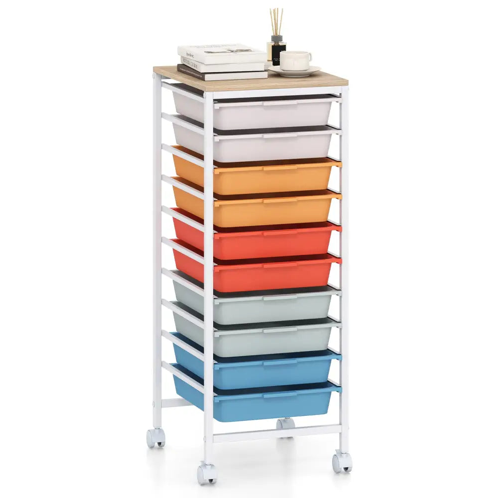 10-Drawer Rolling Storage Cart Mobile Utility Organizer with Wooden Tabletop and Lockable Wheels-Macaron - Macaron