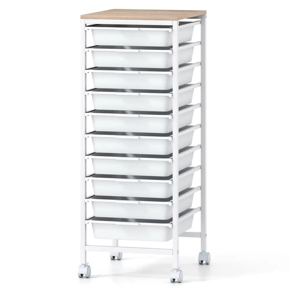 10-Drawer Rolling Storage Cart Mobile Utility Organizer with Wooden Tabletop and Lockable Wheels-White - White - File