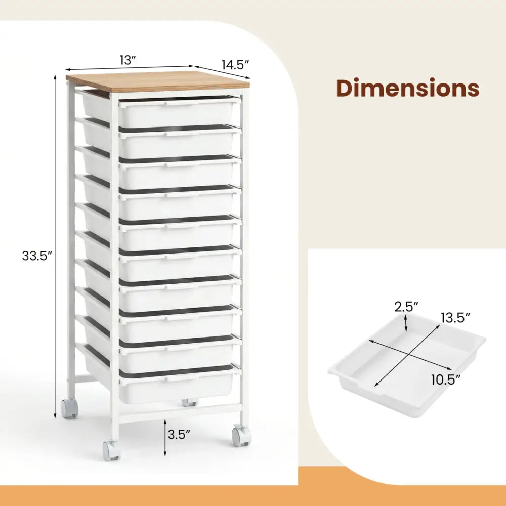 10-Drawer Rolling Storage Cart Mobile Utility Organizer with Wooden Tabletop and Lockable Wheels-White - White - File