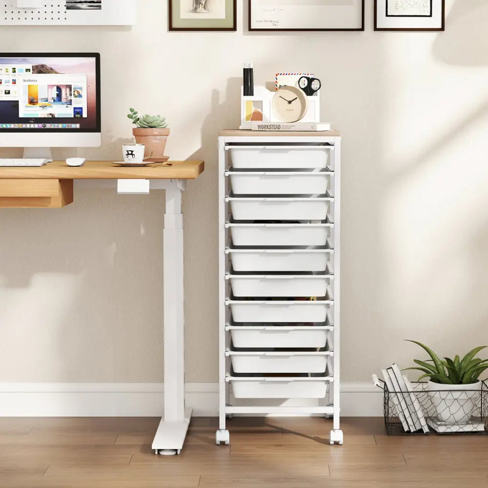 10-Drawer Rolling Storage Cart Mobile Utility Organizer with Wooden Tabletop and Lockable Wheels-White - White - File