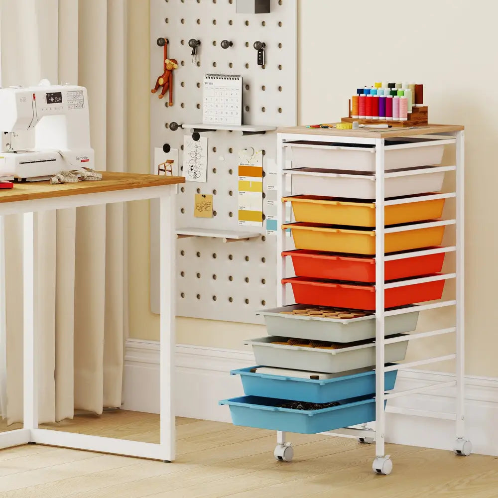 10-Drawer Rolling Storage Cart Mobile Utility Organizer with Wooden Tabletop and Lockable Wheels-Macaron - Macaron