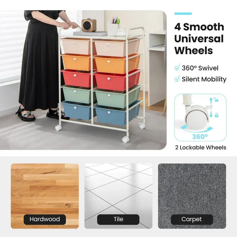 10-Drawer Rolling Storage Cart-Multicolor Costway