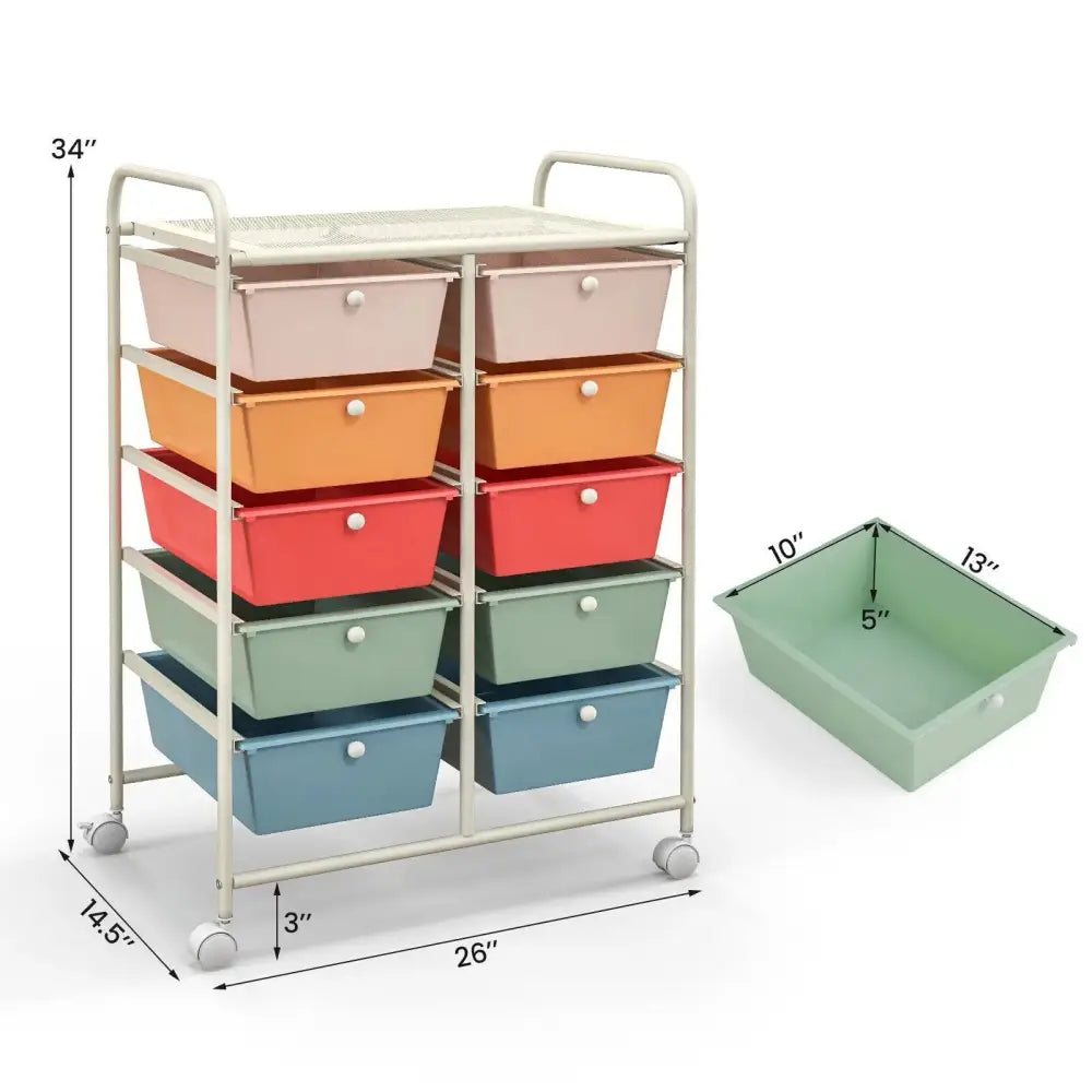 10-Drawer Rolling Storage Cart-Multicolor Costway
