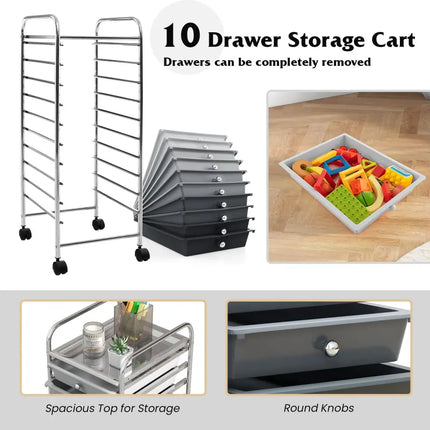 10 Drawer Rolling Storage Cart Organizer with 4 Universal Casters-Gradient Gray - Gradient Gray - File Cabinets