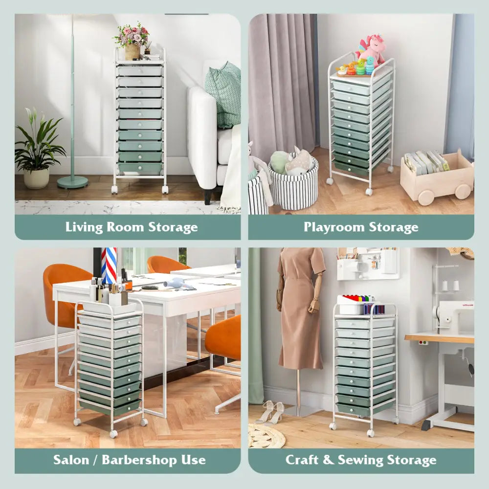 10 Drawer Rolling Storage Cart Organizer with 4 Universal Casters-Green - Green - File Cabinets