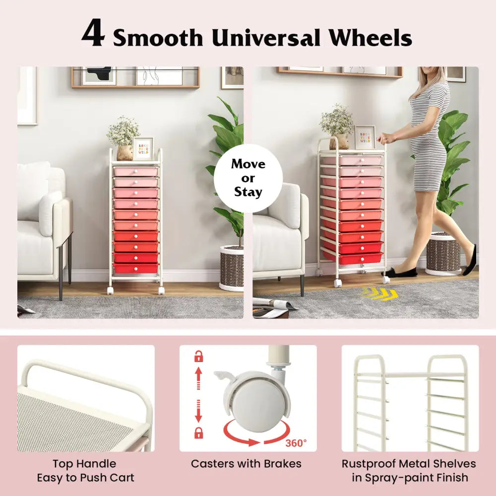 10 Drawer Rolling Storage Cart Organizer with 4 Universal Casters-Gradient Pink - Gradient Pink - File Cabinets