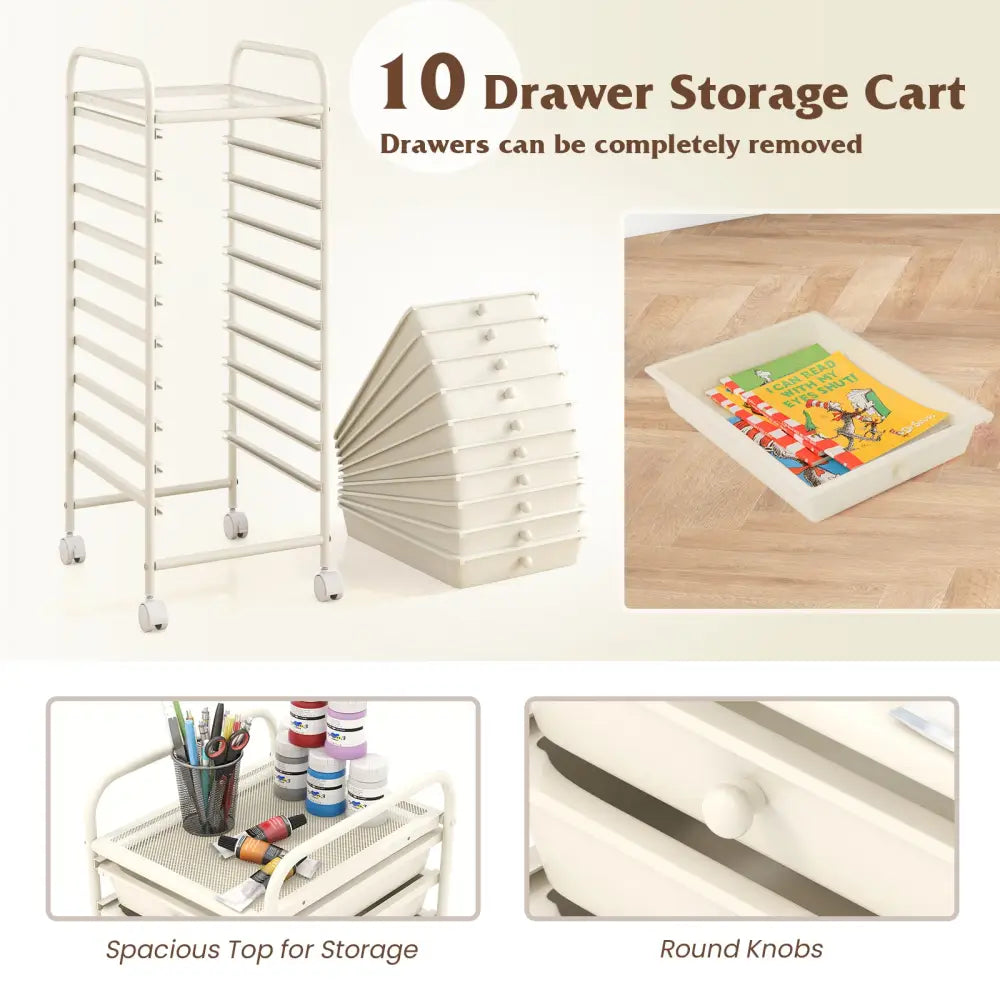10 Drawer Rolling Storage Cart Organizer with 4 Universal Casters-White - White - File Cabinets